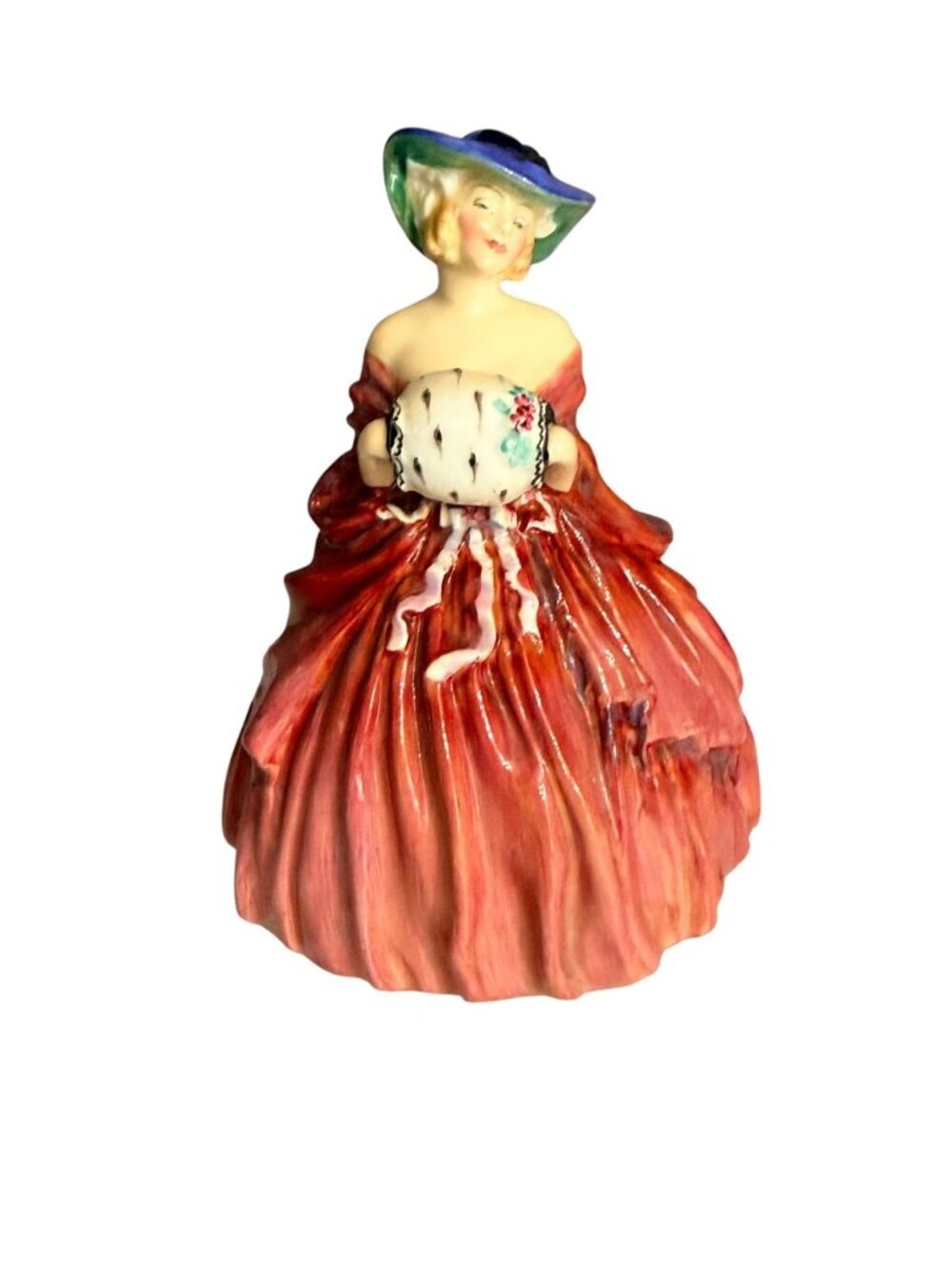 ROYAL DOULTON FIGURINE "GENEVIEVE " Lady blue hat‎ red dress  7"